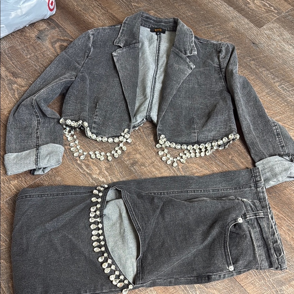 Black Denim Jacket and Pants Set with Beaded Trim